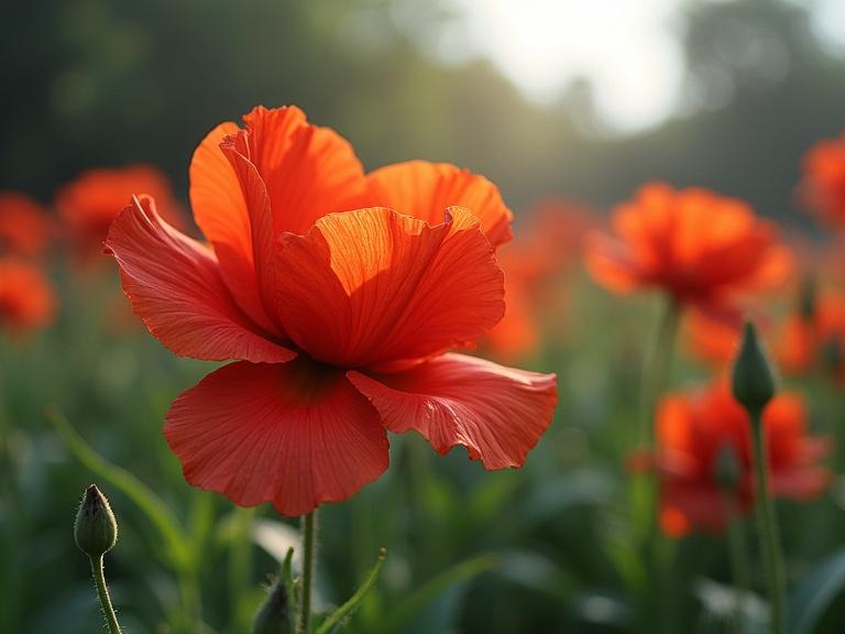 A close-up image of a large red flower surrounded by green buds and other flowers in a field during daylight. Soft lighting enhances the colors and details of the petals while the background is slightly blurred.