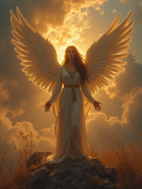 A celestial angel with large wings stands majestically on a rock. The figure is adorned in a flowing white gown, illuminated by a bright light behind it. The scene has a heavenly atmosphere with clouds and a glowing background.