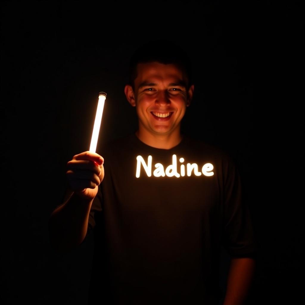 Joyful person holds a glow stick. The glow stick forms the name 'Nadine' in bright light. Dark background emphasizes the glowing effect. Subject has an artistic expression.