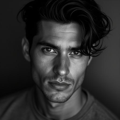 Black and white portrait of a male face in high contrast. Features a proud expression with water droplets. Clean background with soft front lighting. Focus on facial details with a symmetrical oval face and defined features. 4:3 aspect ratio. 35mm lens. Realistic photo style with high resolution.