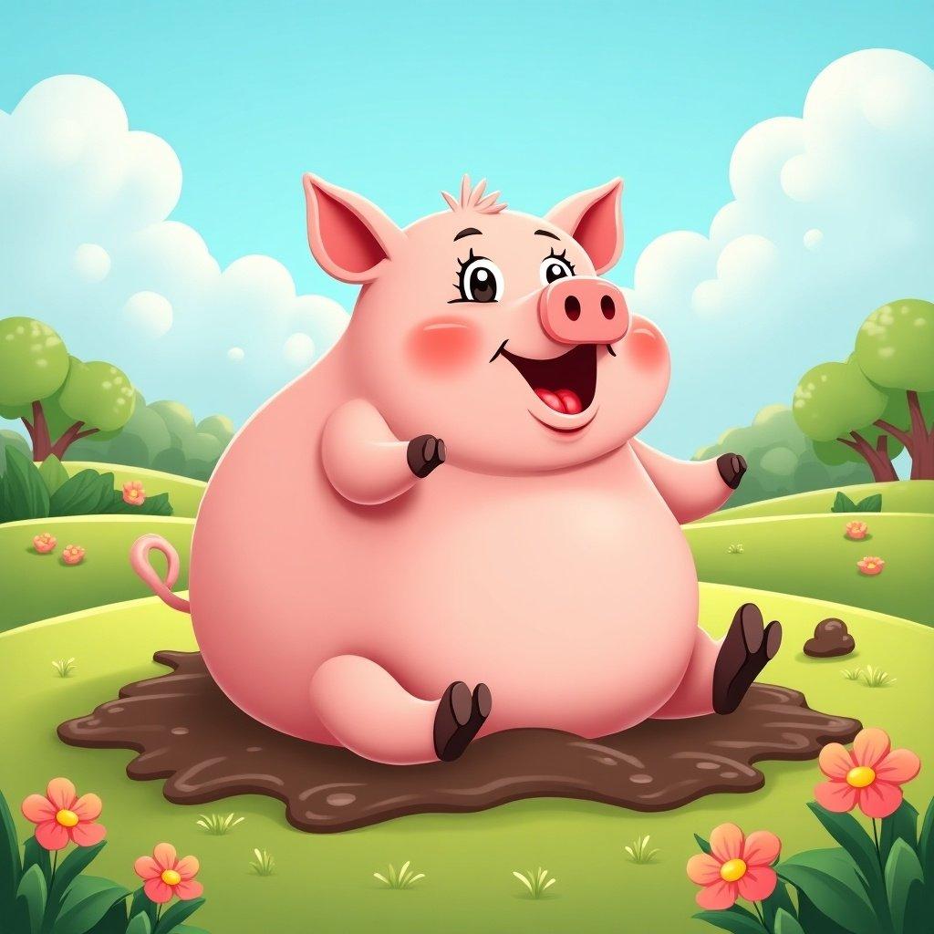 The image features a cartoon pig with a cheerful expression, sitting delightedly in a puddle of mud. The pig is chubby and round, emphasizing its playful nature. This jovial character is surrounded by a vibrant landscape of grassy hills and blooming flowers. Lush green trees and a clear blue sky provide a joyful backdrop. The overall scene conveys a sense of happiness and carefree playfulness, making it suitable for children's content.