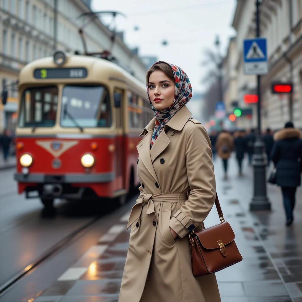 Beautiful woman walks on wet sidewalk. She wears knee-length beige trench coat and babushka-style headscarf. Leather handbag adorned shoulder. Czechoslovak Tatra tram moves in background. Urban setting reflects Moscow in 1975. Street lamps vintage. Trees without leaves. Soft natural light casts over scene.