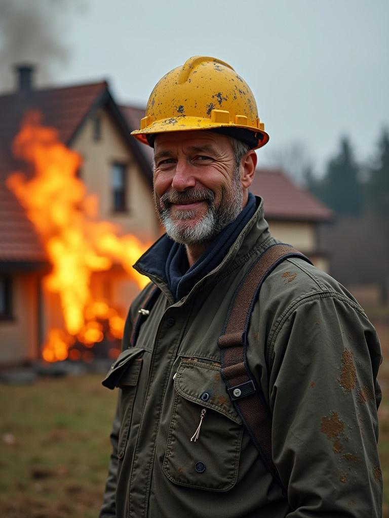 Image shows an electrician in a dirty uniform. Background features a fire in a house with solar panels. The electrician holds a serious expression. Scene set outdoors with cloudy weather.