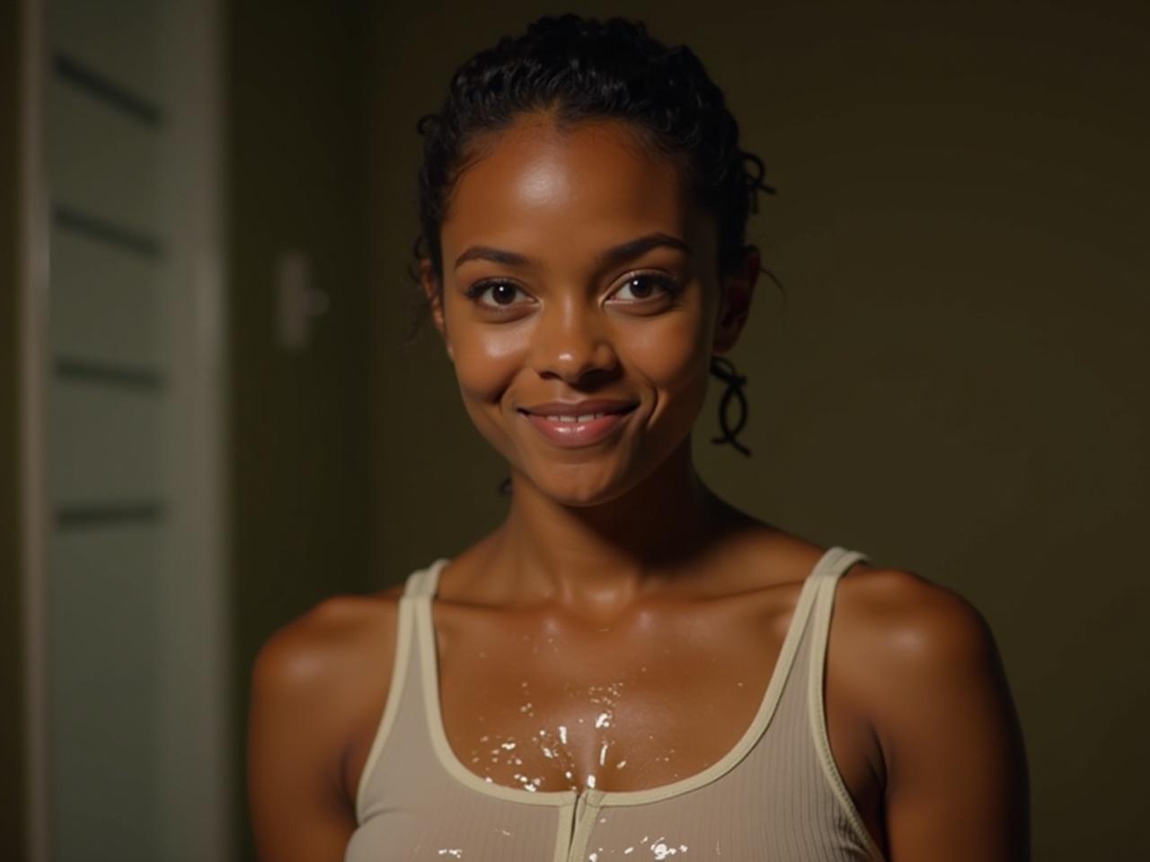 A person with caramel skin tone is wearing a wet tank top. Their face is turned straight forward, showing a confident expression. The tank top clings to their body, emphasizing the texture of the wet fabric. In the background, there is a subtle blur that adds depth to the image. The lighting highlights the contours of the person's features and creates a warm atmosphere.