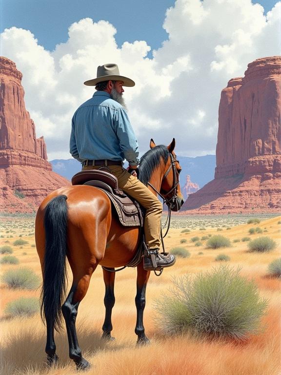 A watercolor painting features a rugged cowboy on horseback in a vast desert landscape. Cowboy wears a wide-brimmed gray hat and light blue denim shirt. He has a full gray beard and looks to the left. Horse is brown with a dark saddle. Landscape shows rolling hills and green shrubs. In the background, dramatic red rock formations and mesa cliffs against cloudy sky. The sky has white and gray clouds with touches of blue. Painting style is loose and expressive with visible brushstrokes in the sky and landscape.