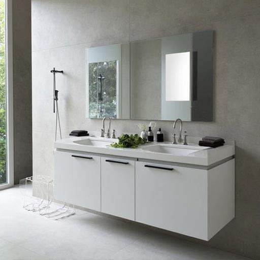 Modern bathroom design featuring a minimalist aesthetic. White cabinetry complements gray walls. Two sinks with modern fixtures. Large mirror reflects natural light from windows. Green plant adds a touch of nature.