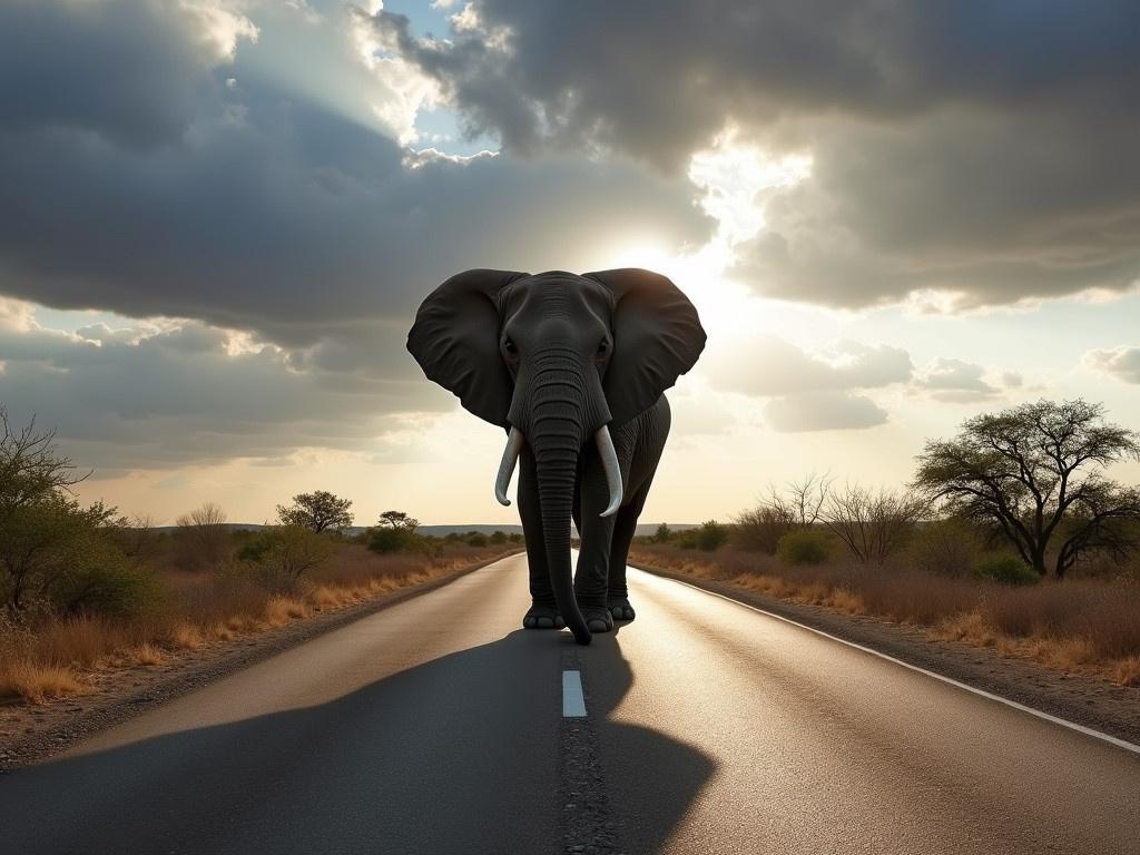 An elephant is walking down a deserted road amidst a tranquil landscape. The sky above is dramatic, showcasing dark clouds interspersed with patches of blue and sunlight. On either side of the road, sparse vegetation and trees can be seen, adding a touch of nature to the scene. The elephant is large and majestic, capturing attention with its sheer size. The sunlight casts long shadows on the road, enhancing the depth of the image. The atmosphere is peaceful yet grand, inviting viewers to appreciate the beauty of wildlife in its natural habitat.