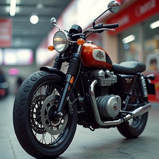 Motorcycle parked in a modern indoor space. Low angle showcasing the bike's design. The bike has an orange color with chrome accents. The setting is bright with a blurred background of shops.
