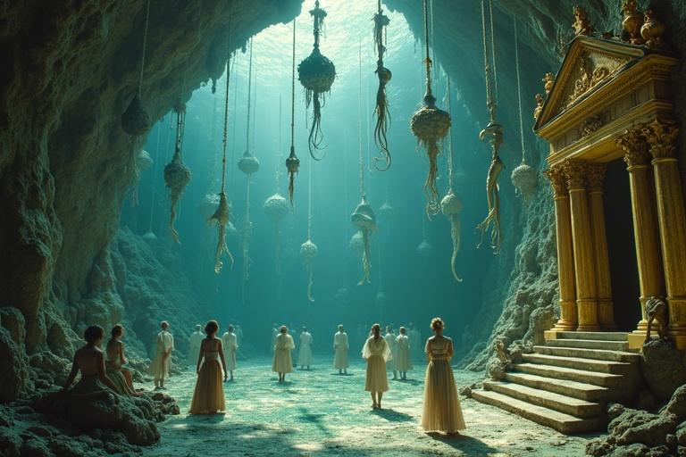 Surreal underwater grotto scene with costumed figures and hanging objects in a theatrical setup. Elaborate set design and even lighting contribute to a dreamlike quality.