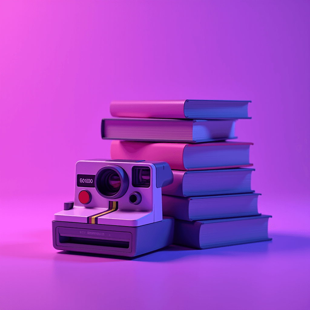 A vintage instant camera is placed next to a stack of hardcover books, set against a vibrant pink and purple gradient background.