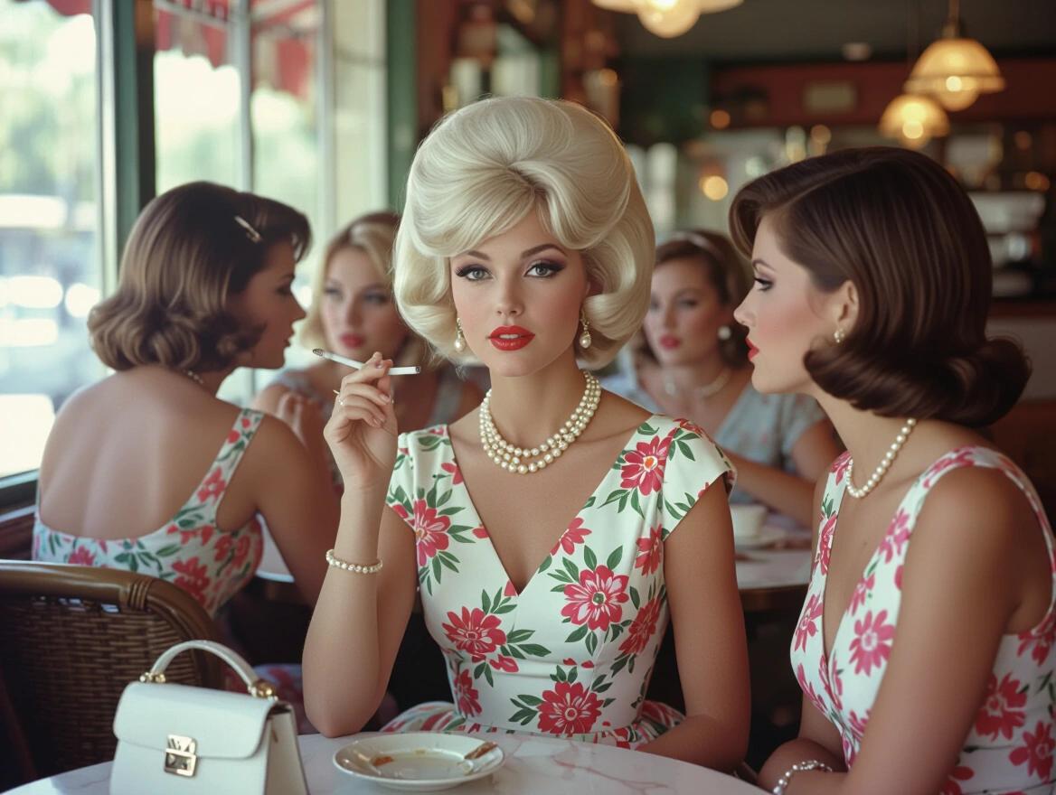 Portrait of a woman in a floral party dress with blonde hairstyle holding a cigarette sitting at a cafe with friends wearing floral dresses. Elegant decor reflects mid-century sophistication. Soft lighting captures the social moment among women.