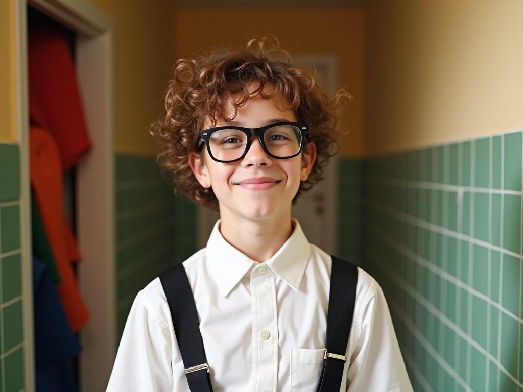 A young person is standing in a room wearing a white shirt and black suspenders. They have curly hair and are wearing large glasses, smiling at the camera. The background features a door with colorful items hanging near it, including some rolls or sheets of various colors. The walls are tiled in a light green hue, adding a unique touch to the setting. The lighting suggests a cozy environment, highlighting the person's cheerful demeanor.