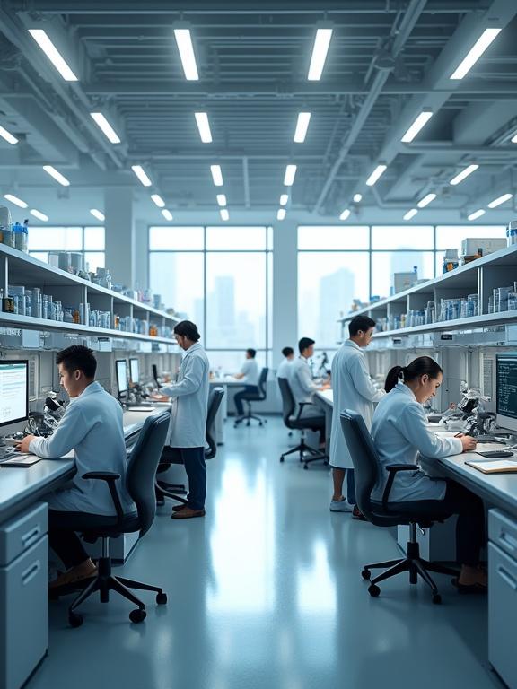 Hyperrealistic scene inside a pharmaceutical company showing a busy laboratory. Scientists in lab coats working with equipment. Bright environment with natural light and artificial overhead fixtures. Clean and organized space with laboratory tools. Office areas with employees collaborating and walking.