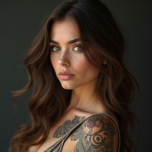 Beautiful woman with long wavy hair and a visible shoulder tattoo posed elegantly.