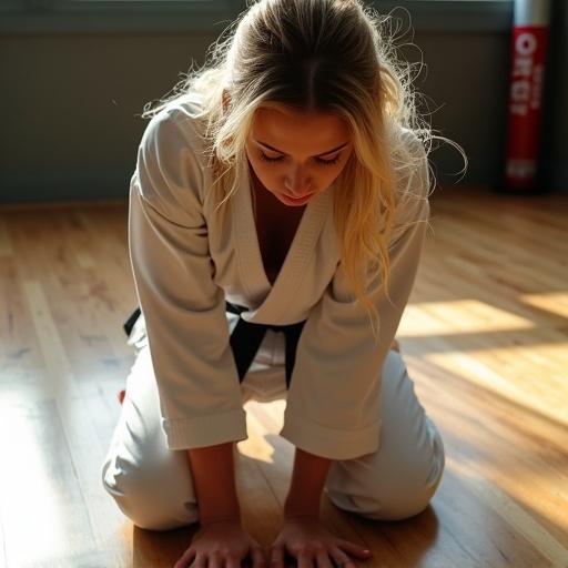 Close up view of a kneeling female karate fighter. Upper body leans forward. Elbows touching the floor. Looking down to the wooden floor. Blonde hair on damp skin. Wearing a traditional karate gi. Sunlight reflects on the wooden dojo floor.