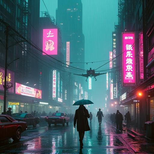 Ultra-detailed cyberpunk cityscape at night with rain. Massive neon-lit skyscrapers tower over narrow streets. Reflections of lights shimmer on wet asphalt. Steam billows from vents. Shadowy figures in futuristic clothing walk under umbrellas. Flying cars leave trails in fog. Giant holograms float above buildings. Corporate logos glow from billboards. Electric wires crisscross between buildings. Gritty, cinematic atmosphere with moody lighting.