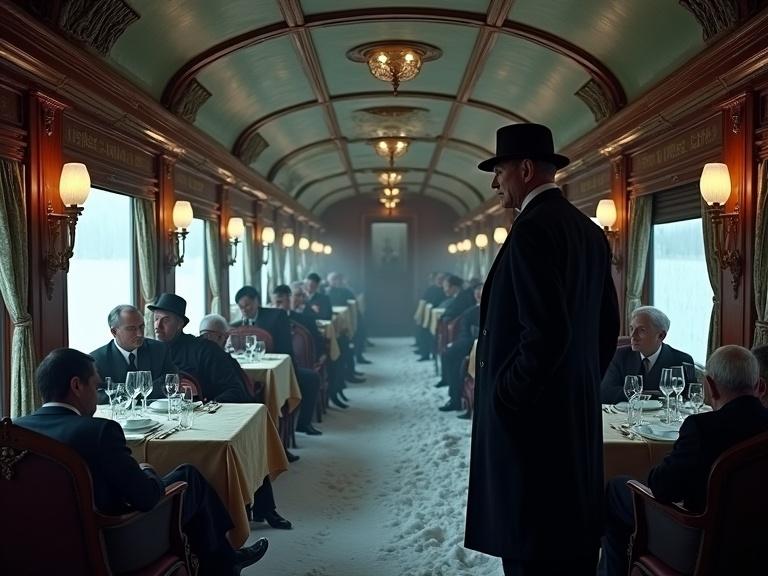 A snowbound 1930s Orient Express halted in the remote Balkans. Opulent Art Deco interiors cloaked in silence. Richly appointed compartments. Diverse group of passengers harbor secrets. Body of an American tycoon lies murdered behind a locked door. Hercule Poirot impeccably dressed. Dimly lit dining car. Piecing together clues. Thick atmosphere with tension and isolation.
