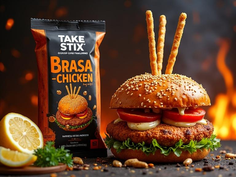 A smoky product design for Take Stix – Grilled Chicken Flavor. Packaging features warm wood, orange, and black tones. Crispy sticks have a golden-brown crust with paprika and grilled garlic. Hamburger with a glossy beef patty sits beside lemon slices and smoky herbs. Background has grill marks with glowing charcoal. Evokes grilled street flavor with a modern touch.