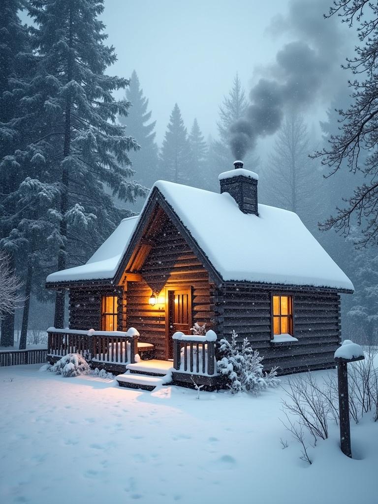 A small cabin surrounded by snow. Smoke rising from chimney. Warm light visible through windows. Snow covers the ground and trees. Creates a warm and comfortable atmosphere.