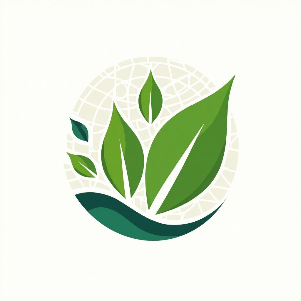 This image features a logo centered around eco-friendliness and sustainability. The design includes stylized green leaves, symbolizing plant life. In the background, there's a subtle grid pattern reminiscent of a map, hinting at Central Asian geography. The colors are vibrant greens on a soft off-white backdrop, creating an inviting and fresh feel. This logo could represent a business focused on environmental products or services. It merges the elements of nature and geography, appealing to eco-conscious consumers.