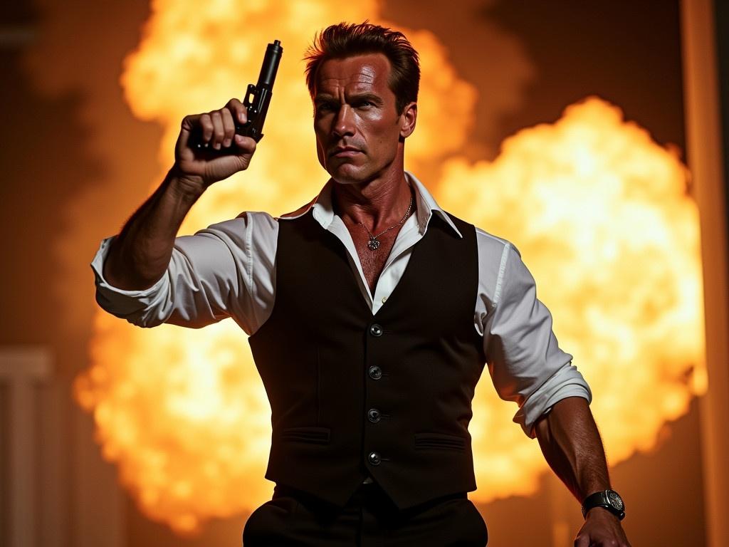 Create an image of Arnold Schwarzenegger in a dramatic and action-packed pose. He should be standing confidently with a handgun in both hands, ready for action. In the background, there should be a fiery explosion, emphasizing the intensity of the scene. Arnold is wearing a classy black vest over a white dress shirt, adding a touch of sophistication to the power of his stance. The lighting should cast strong shadows on his muscular physique, enhancing his larger-than-life persona. The atmosphere should convey a sense of danger and excitement.