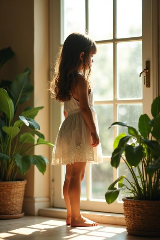 Girl stands alone by a window looking towards the camera in a cozy room. Indoor plants surround her providing a natural atmosphere. Soft light enters the room.