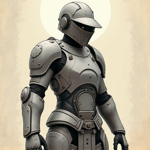 A cybernetic figure in ornate Vietnamese plate armor stands confidently. The design incorporates mechanical elements and a sleek look. The background has a smooth gradient that enhances the figure's presence.