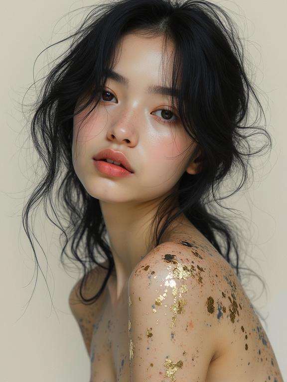Portrait of a young woman with delicate beauty. Dark flowing hair frames her face. She appears serene with full lips. Gazing slightly upward towards the viewer. No clothing visible. Bare skin is focal point. Textured painterly style with dark gray and gold flakes on upper body. Rich combination of blacks, golds, and beiges. Soft glow highlights texture. Pale cream background. Centered and symmetrical composition. Contemporary fine art portrait with realism and surrealism elements. Atmosphere of beauty and elegance. Dramatic textures with depth.
