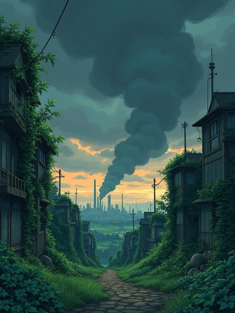 A dark sky filled with gray clouds and thick smoke rising from industrial factories. Lush greenery overgrowing abandoned structures featuring vines and bioluminescent plants. Soft warm light breaking through clouds hinting at hope. Detailed illustration with soft painterly textures and atmospheric depth.