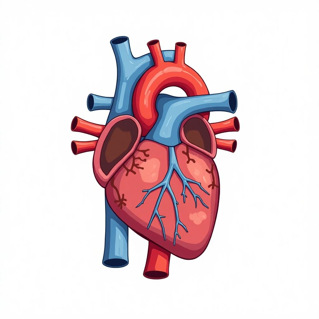 Colorful diagram of blood flow through the heart. Detail the heart structure with arteries.