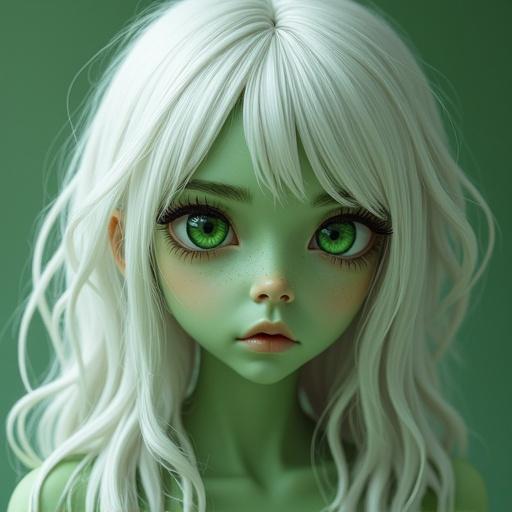 Girl with green skin and green eyes. Hair is white and very cute. Appears human. Soft lighting and a plain background.