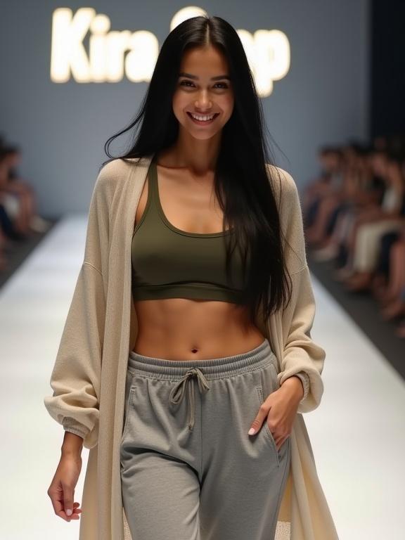 A young slim woman with long black hair walks confidently on a runway. She smiles at the camera wearing a dark green bralette, a light cardigan and gray sweatpants. A glowing sign for Kira Shop is visible in the background.