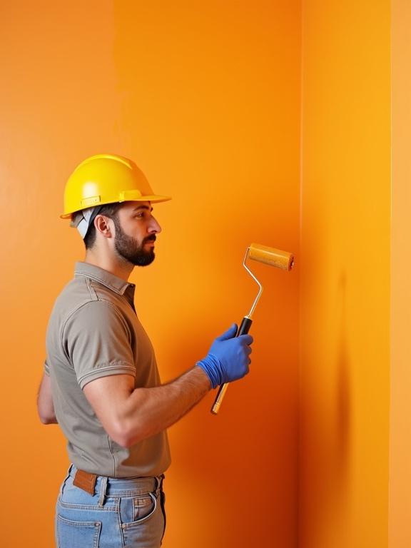 Male painter in uniform painting an orange wall with a roller brush. Wearing a yellow safety helmet and blue gloves.