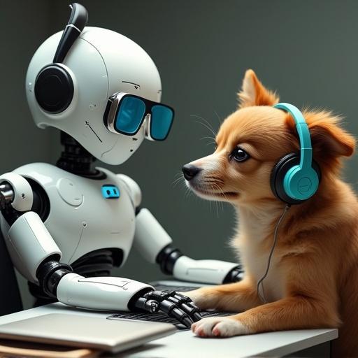 Robot engineer with oversized lashes and retro glasses coding in Jira. Cluttered desktop. Curious dog presses headphones against its head.