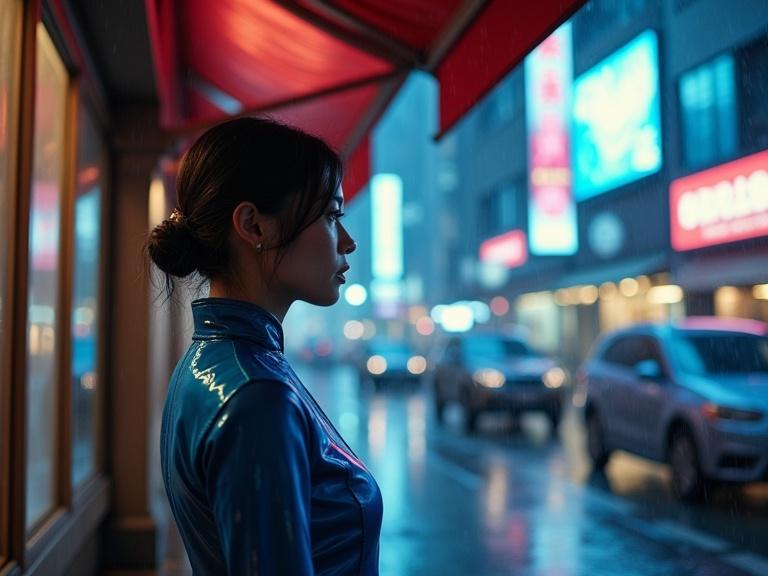 Rainy night in a Hong Kong street. CHUN-LI in blue qipao stands under an awning. She looks at chaotic news report on outdoor screen.