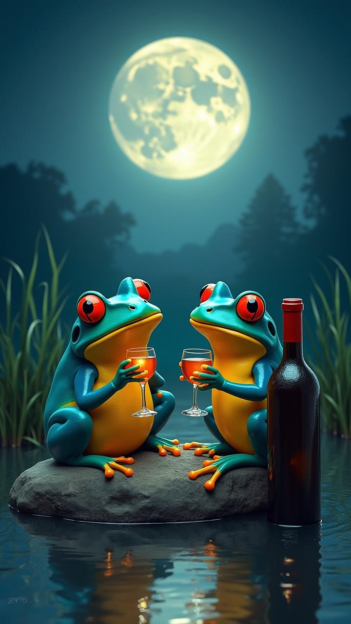 Two vibrant blue and orange frogs sitting on a rock by a pond, holding wine glasses under a full moon. A bottle of wine stands next to them. The scenery includes tall grass and moonlit water reflecting the night sky.