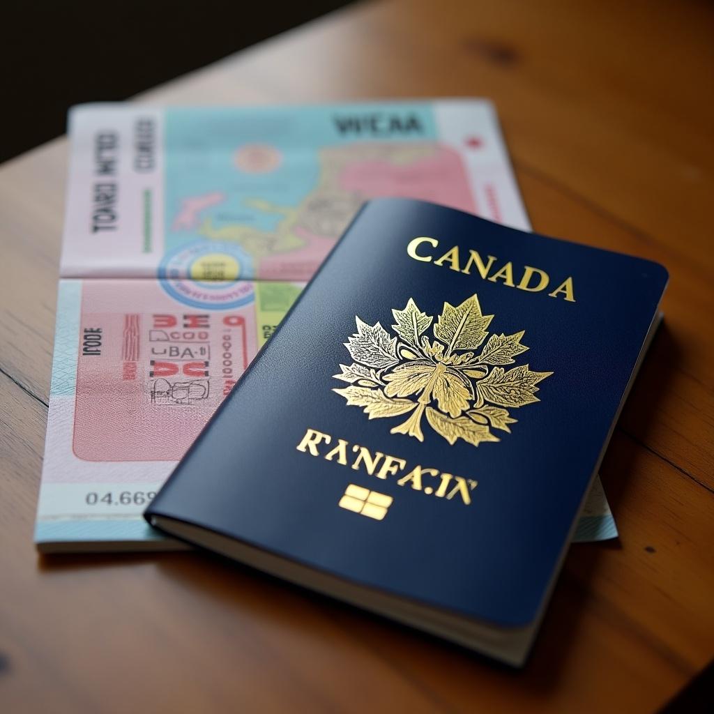 A Canadian passport placed on a wooden table with banknotes in the background.