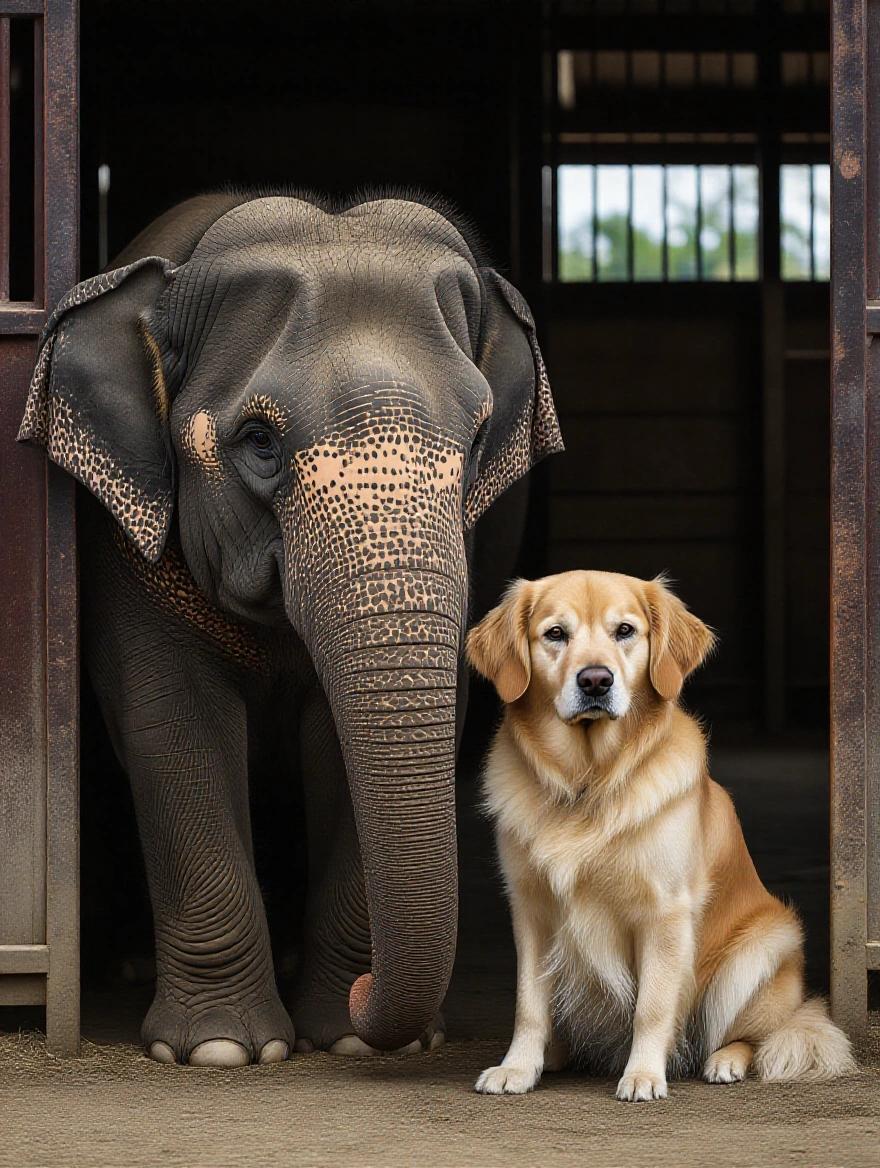 An elephant and a golden retriever sit side by side inside a stable. The elephant has a deeply emotional expression. The dog's eyes appear sick and concerned. The atmosphere is melancholic with soft shadows. Image is photorealistic.