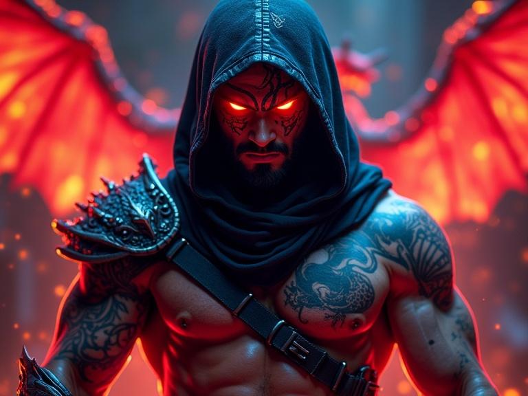 Generate an image of a warrior that transcended even the concept of space and time. His eyes glow. He wears a hood. Scar on his face from a sword cut. Tattoos over body glow. Armored muscular arms with blue tattoos like veins. Neon glow atmosphere. Dragons are spirit animals. Everything has a fiery glow.