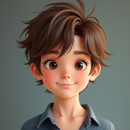 A cute boy with short tousled brown hair. He has a friendly expression. He is wearing a collared shirt. The background is simple and soft in color.