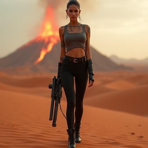 Beautiful slim woman with bluish tattoos wears semi-transparent tunic and black pants. She stands on reddish sand dune with volcano background. Confident expression and galactic weapon in hands. Ultra-wide angle lens captures cinematic scene in great detail.