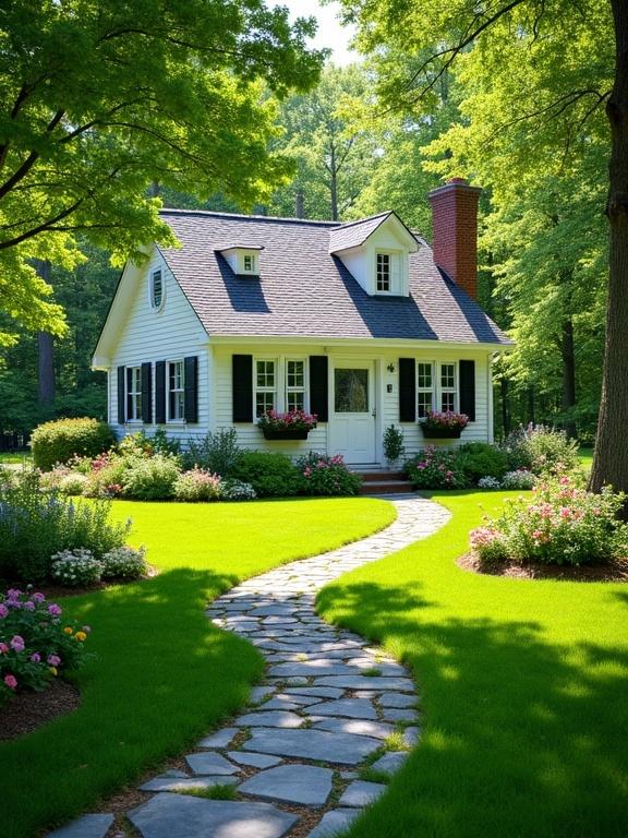 A small white house with a dark grey shingle roof sits in a green landscape. Black shutters appear on many windows. A white front door with glass panes and black hardware is prominent. Dormer windows show from the roof. A red brick chimney is on the roof's rear. Surrounding gardens feature pink, yellow, white, and purple flowers among greenery. Flower boxes with pink and white flowers are by front windows. A winding grey stone pathway curves to the front door through vibrant grass and flowerbeds. Tall trees provide shade and create enclosure. Dappled sunlight casts shadows on the lawn and house. The scene suggests a well-kept cottage in nature.