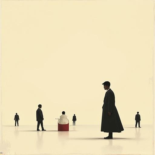 Conceptual illustration depicting tiny human figures in a bar. Surreal style with oversized objects. Features vast negative space and a clean background. Elegant composition with subtle grain texture.