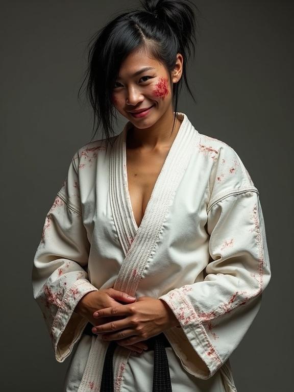 Realistic athletic woman wearing ripped oversized karate gi. Blood smudges and bruises visible. Smiling despite exhaustion. Hair untidy with asymmetrical style. Hands positioned on belt.