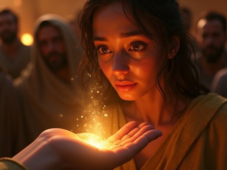 Cinematic 3D Disney Pixar style thumbnail for a YouTube video about 'The Woman with the Issue of Blood'. Extreme close-up of a woman's face showing desperate faith and relief. Mystical golden light shines from her hand touching Jesus's robe. Background features a blurred crowd. High-contrast lighting emphasizes emotion. Text overlay: 'O TOQUE QUE MUDA TUDO'.