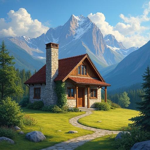 A humble house nestled in majestic mountains. Oil painting illustrating tranquility and natural beauty. House made of wooden beams with a stone chimney. Sunlight illuminating the lush greenery. Blue skies with fluffy clouds. Mountains create an awe-inspiring backdrop.