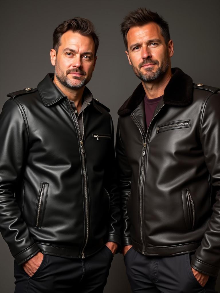 Two men stand side by side wearing black leather jackets. One jacket has a collar. No faces are visible. The background is neutral and emphasizes clothing.