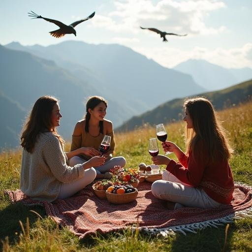 Young people enjoy picnic on grassy hilltop in Andes. They share artisanal fruit wines in clay cups. Woven blankets cover the ground. Baskets filled with fruits surround them. Native flowers bloom nearby. A condor soars overhead. Soft sunlight creates a warm atmosphere. Scene reflects joyful natural lifestyle inspired by boho Andean traditions.