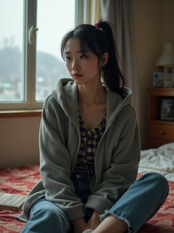 A Korean woman in her rooftop room wakes up with fatigue on her face. She wears a faded gray hoodie over a flannel shirt and frayed jeans. Her long hair is in a loose ponytail. An alarm blares beside a textbook. Soft morning light fills the room.
