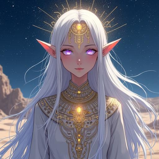 An ancient elf queen stands in the starlit desert. She has long white hair and glowing amethyst eyes. Golden circuit patterns emerge from her forehead. Her robe features frost and pharaoh gold with celestial symbols. She floats amidst snow and sand in a cosmic environment. Her presence feels timeless and powerful.
